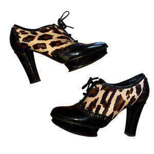 FENDI Leopard Print & Black Patent Leather Oxford Platform Heels Size 40 US 9